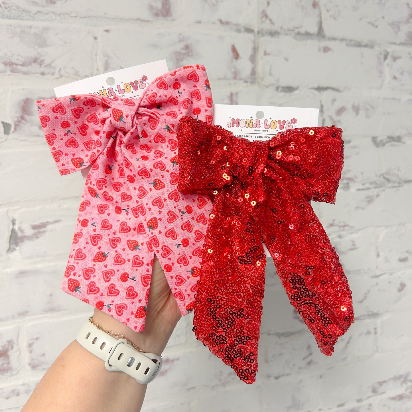 Strawberry/Cherry Heart and Red Sequin Hair Bow